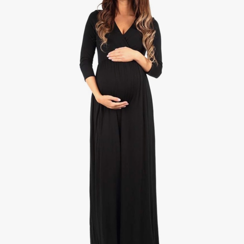 3/4 sleeve long black maternity dress